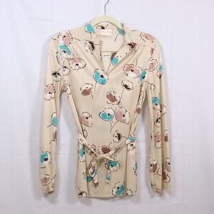 Cos Cob Blouse S‎ Tan Womens Floral V-Neck Belted Vintage Top